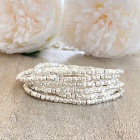 Faceted Beaded Stretchable bracelet For women, Set of 5 Pcs Silver plated